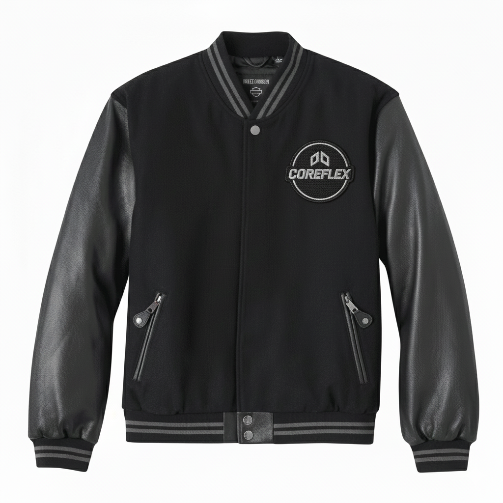 Black varsity jacket with leather sleeves and Coreflex logo on a white background