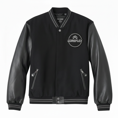 Black varsity jacket with leather sleeves and Coreflex logo on a white background