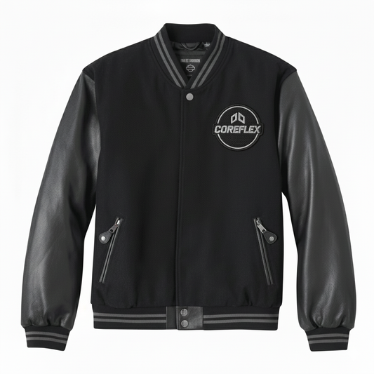 Black varsity jacket with leather sleeves and Coreflex logo on a white background
