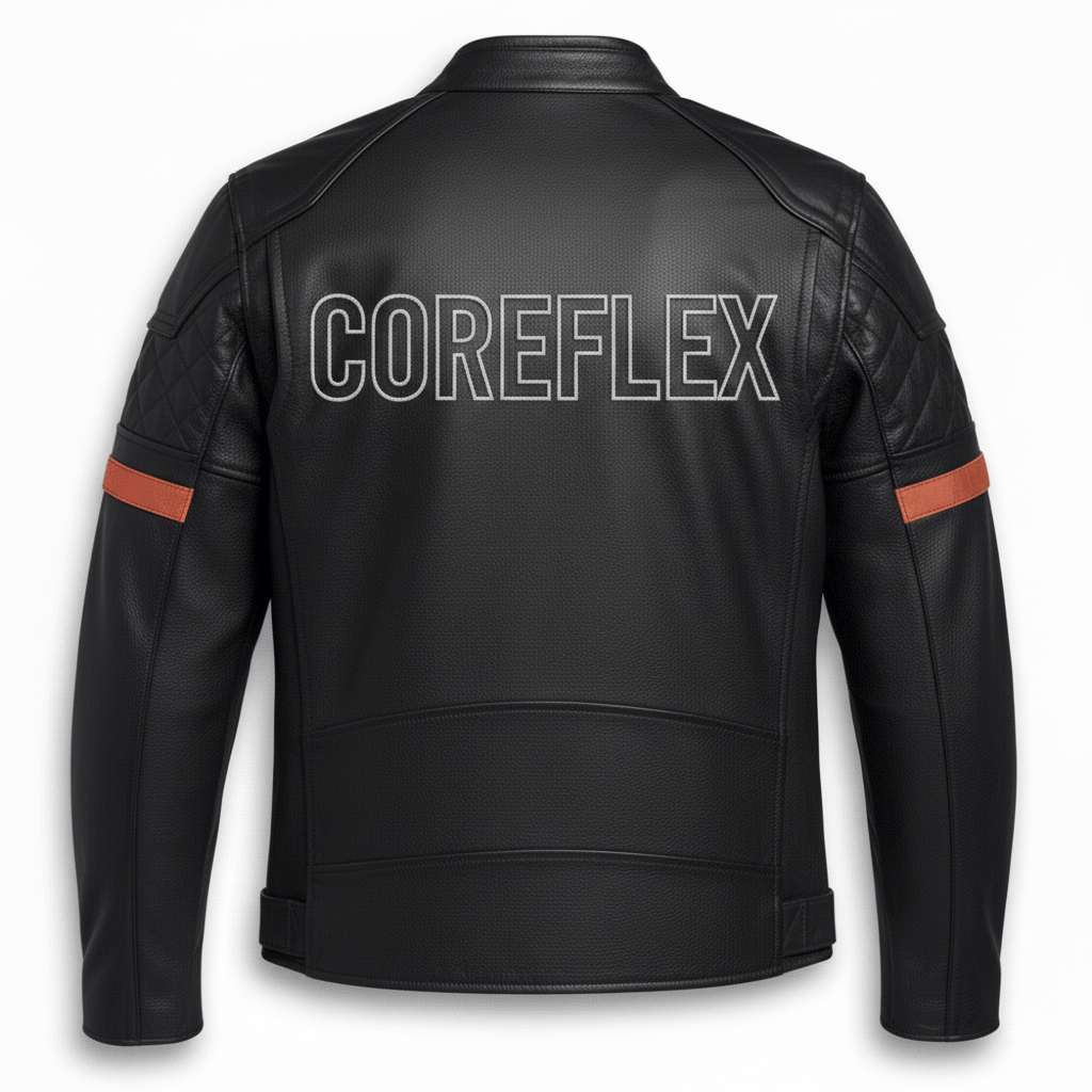Black leather jacket with 'COREFLEX' branding on the back, on a white background