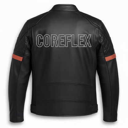 Black leather jacket with 'COREFLEX' branding on the back, on a white background