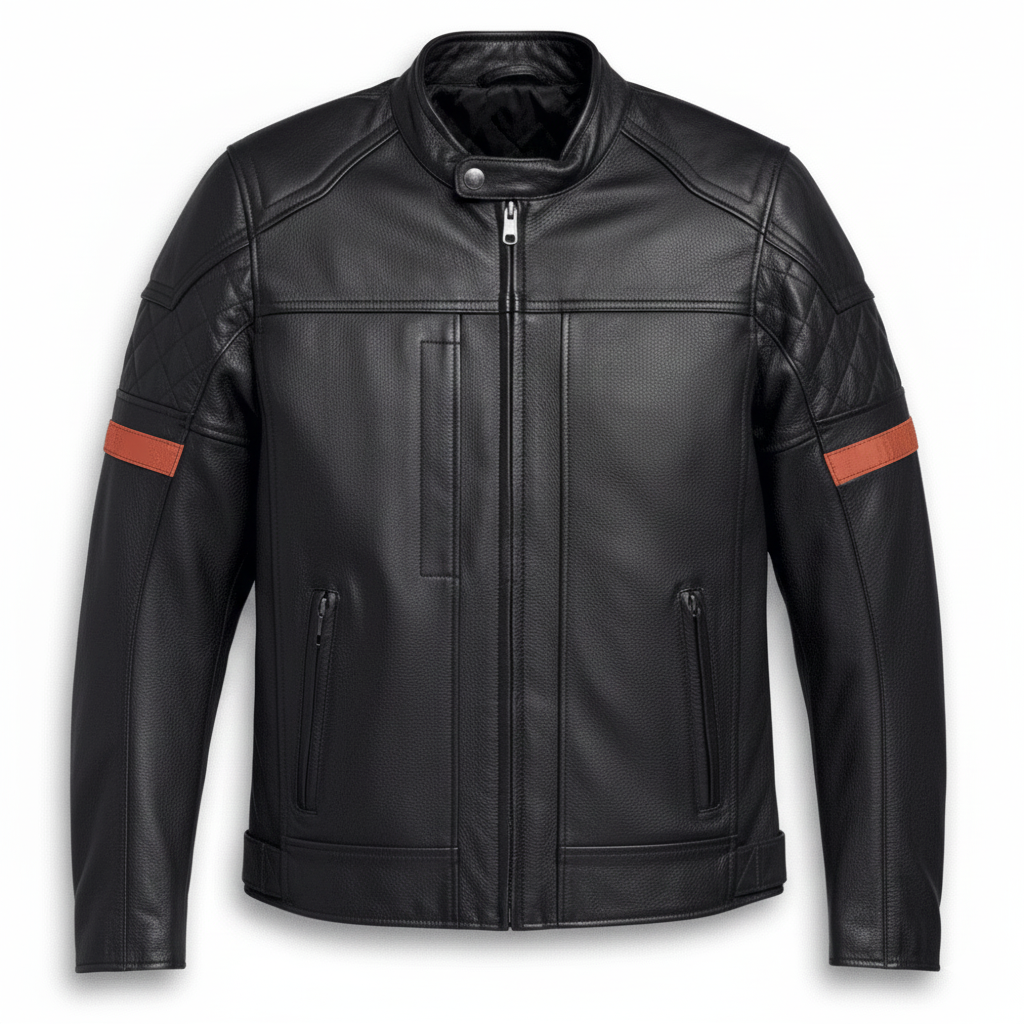 Black leather jacket with orange accents on a white background
