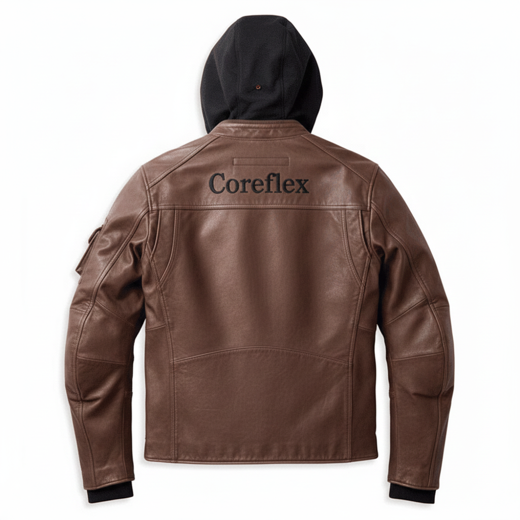 Brown leather jacket with 'Coreflex' branding on the back, worn with a black hood.