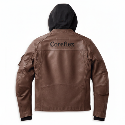 Brown leather jacket with 'Coreflex' branding on the back, worn with a black hood.