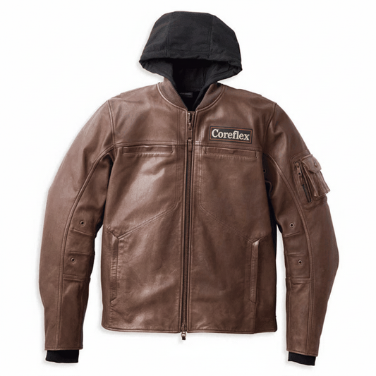 Brown leather jacket with a hood and 'Coreflex' logo on a white background
