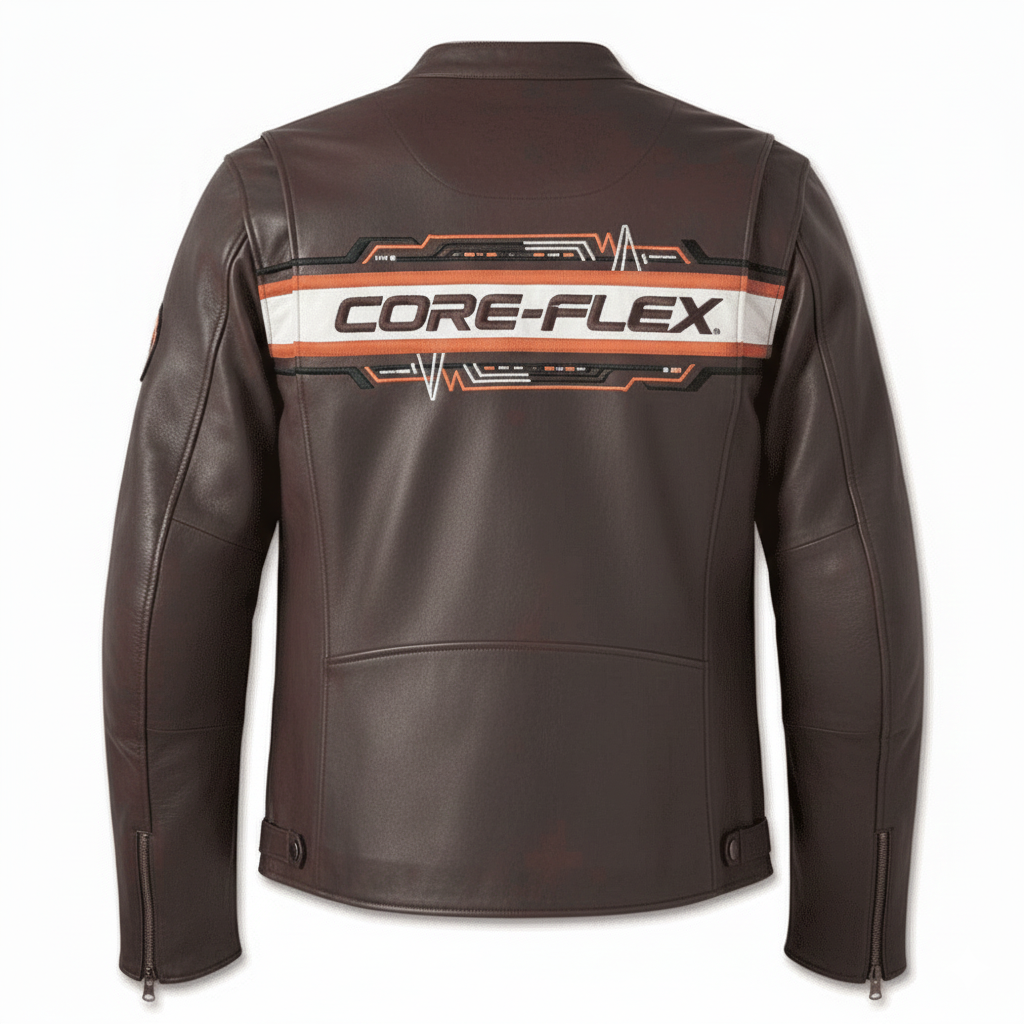 Brown leather jacket with 'CORE-FLEX' branding on the back against a white background