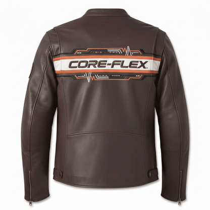Brown leather jacket with 'CORE-FLEX' branding on the back against a white background