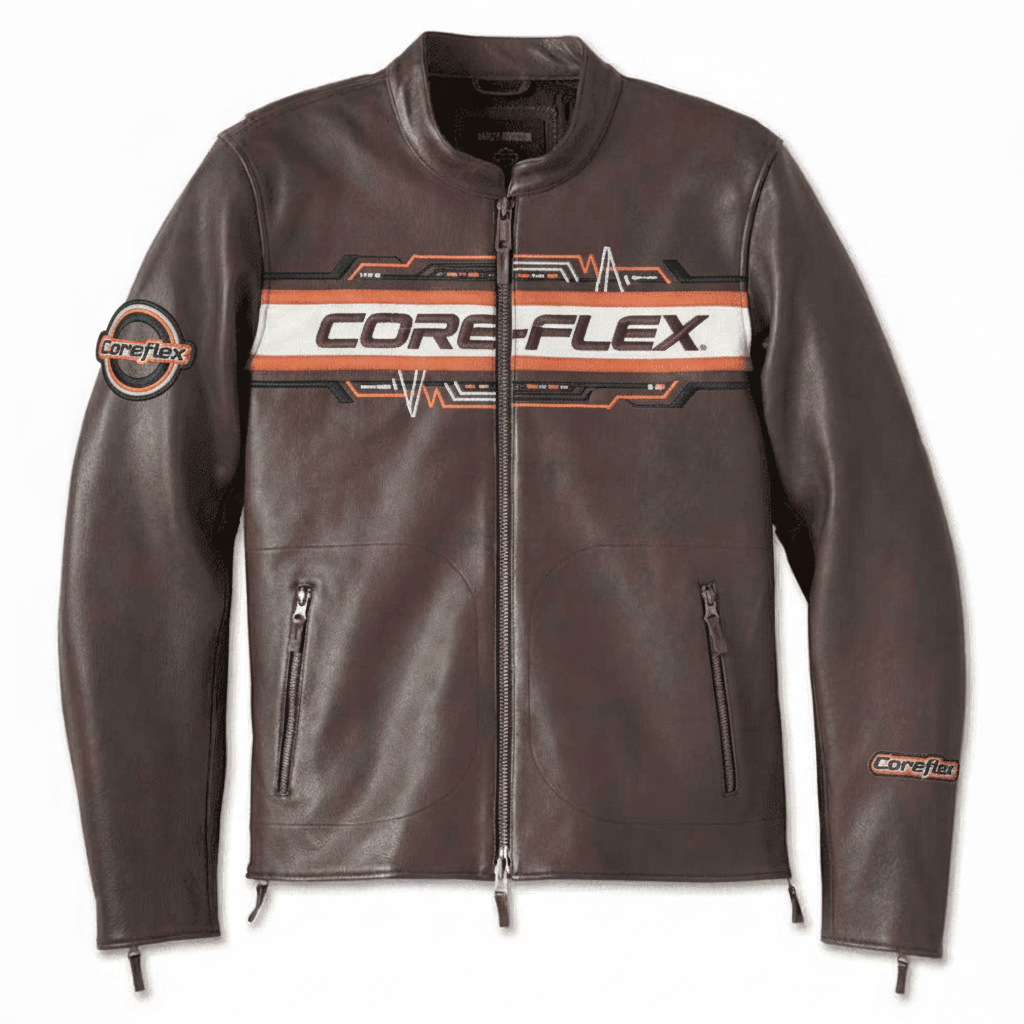 Brown leather jacket with 'Core-Flex' branding on a white background