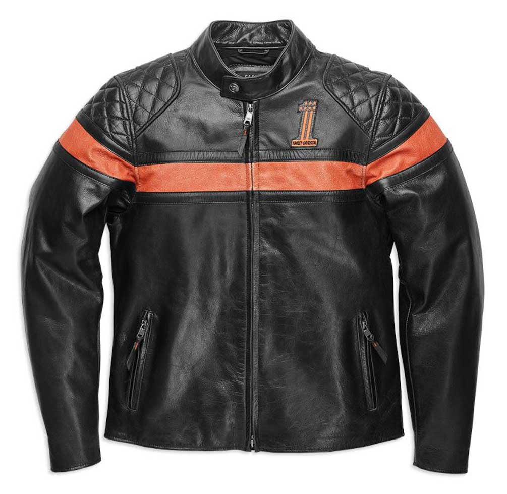 Black leather jacket with orange accents on a white background