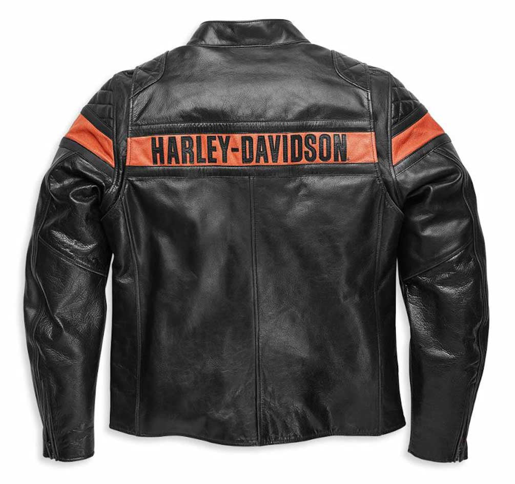 Black leather jacket with orange accents and 'Harley-Davidson' branding on a white background