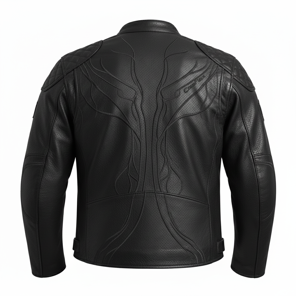 Black leather jacket with intricate designs on the back against a white background