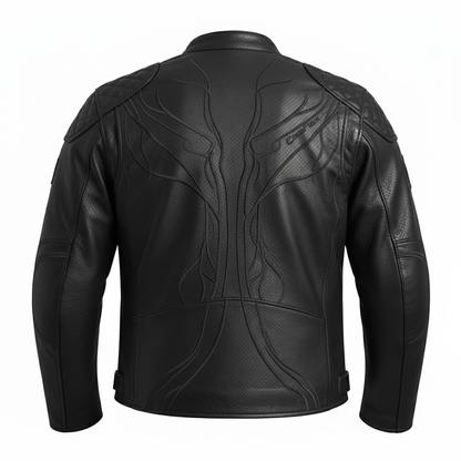 Black leather jacket with intricate designs on the back against a white background