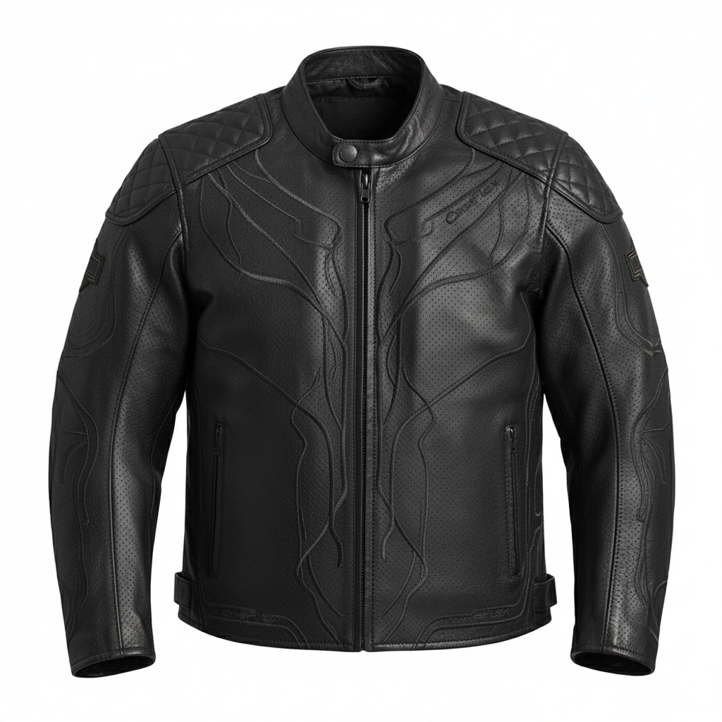 Black leather jacket with quilted design on a white background