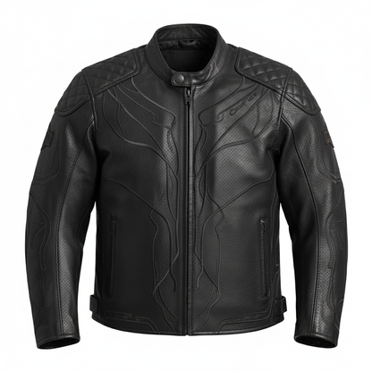 Black leather jacket with quilted design on a white background