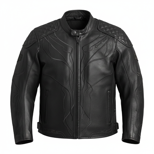 Black leather jacket with quilted design on a white background