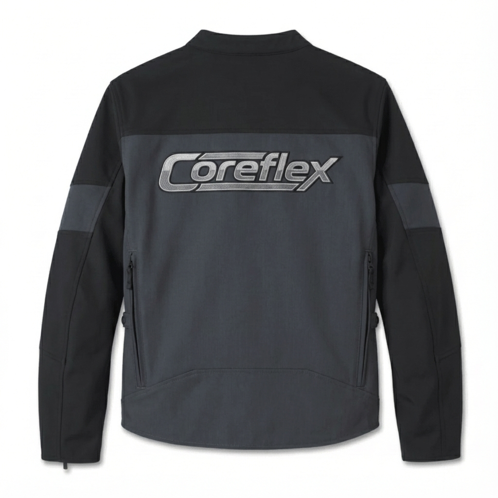 Black and gray jacket with Coreflex logo on the back against a white background