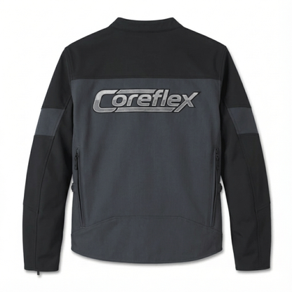 Black and gray jacket with Coreflex logo on the back against a white background