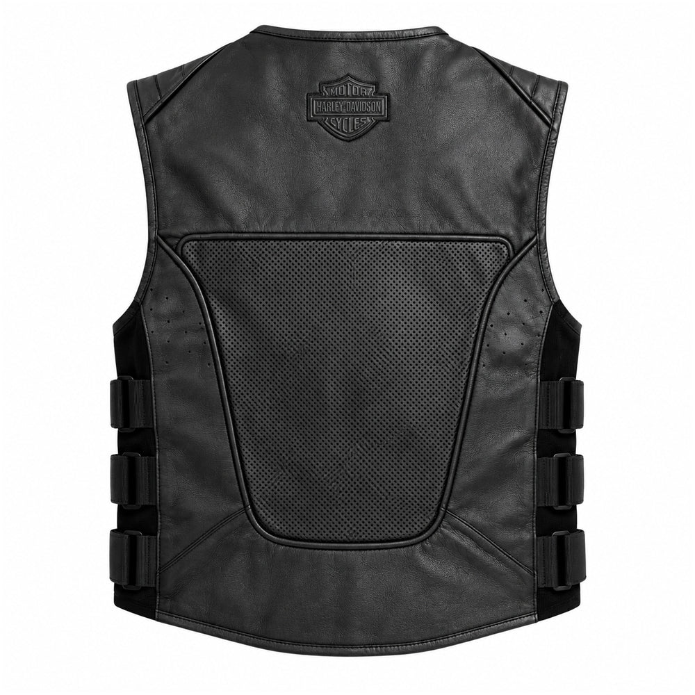 Mens black buffalo leather motorcycle vest with adjustable side straps and zippered pockets