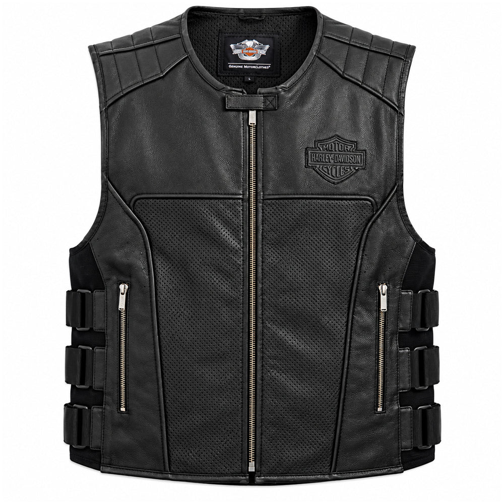 Mens black buffalo leather motorcycle vest with adjustable side straps and zippered pockets