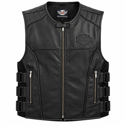 Mens black buffalo leather motorcycle vest with adjustable side straps and zippered pockets