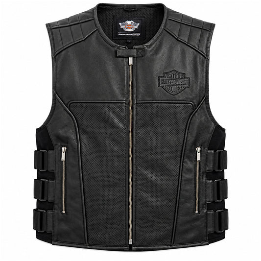 Mens black buffalo leather motorcycle vest with adjustable side straps and zippered pockets