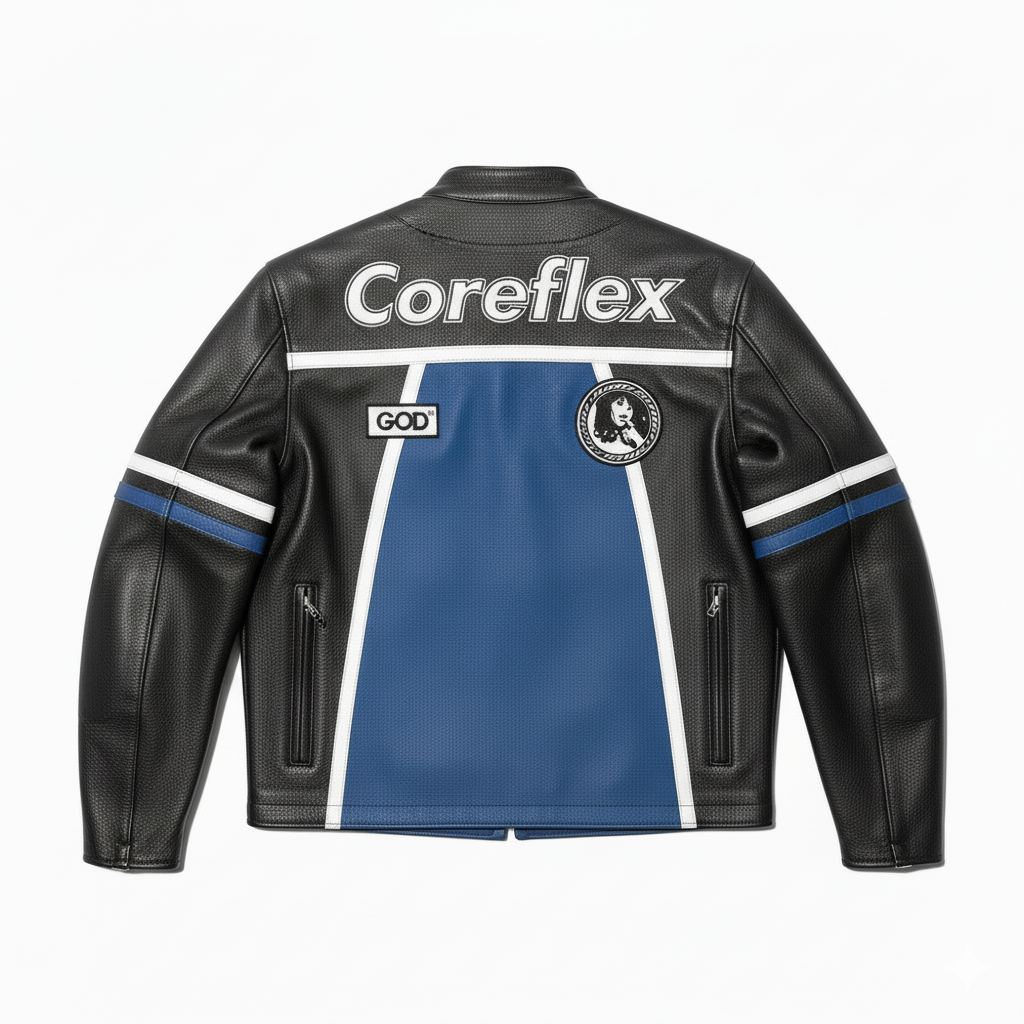 Black and blue leather jacket with 'Coreflex' branding on a white background