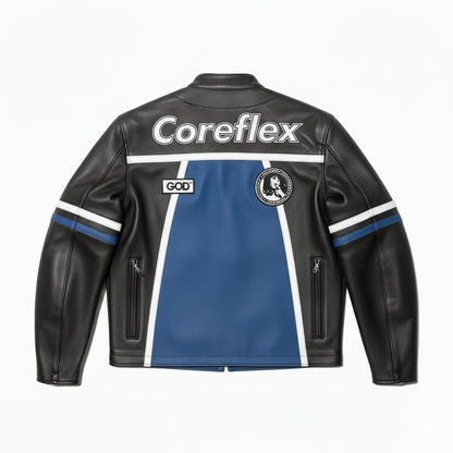Black and blue leather jacket with 'Coreflex' branding on a white background