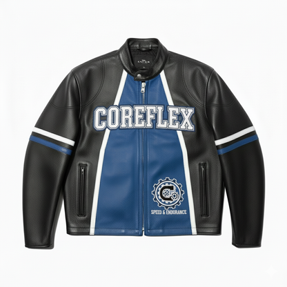 Black and blue leather jacket with 'COREFLEX' branding on a white background