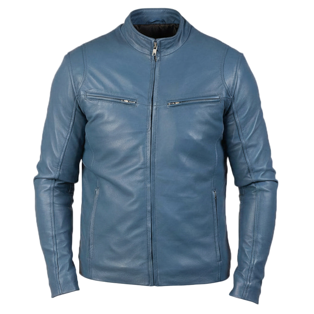 Ionicky modrá kožená motorkářská bunda
