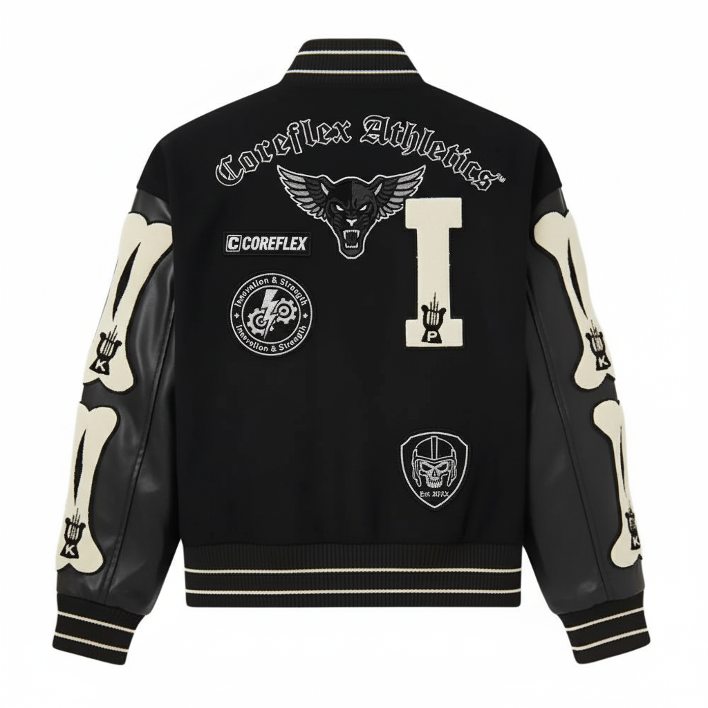 Black varsity jacket with white logos and designs on a white background