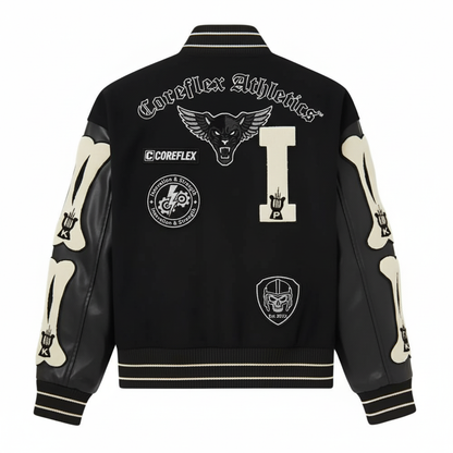 Black varsity jacket with white logos and designs on a white background