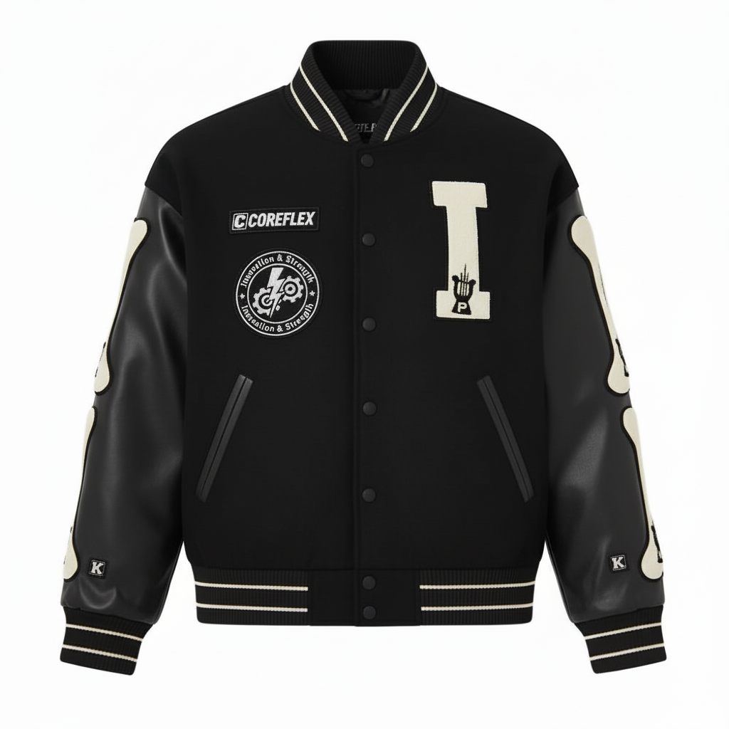 Black varsity jacket with white lettering and logos on a white background