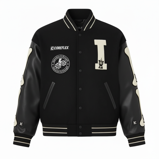 Black varsity jacket with white lettering and logos on a white background