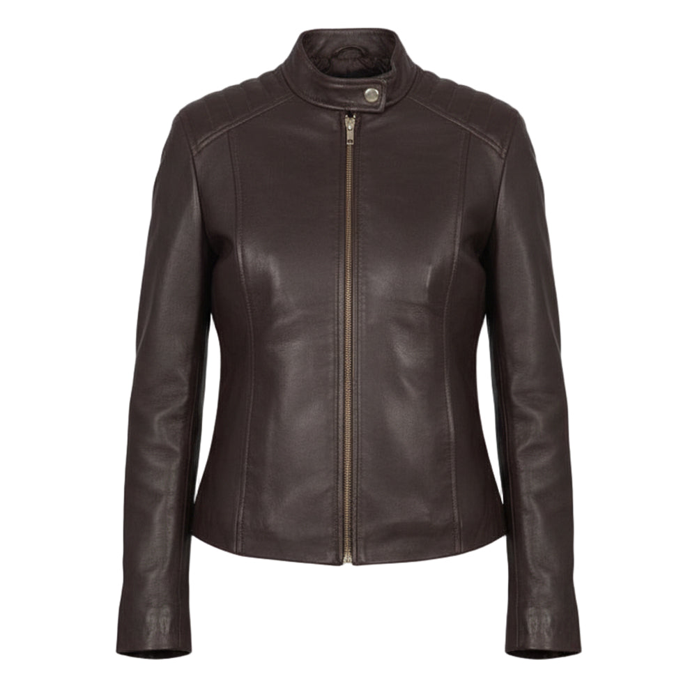 سترة راكبي الدراجات النارية الجلدية باللون الكستنائي من Kelsee 