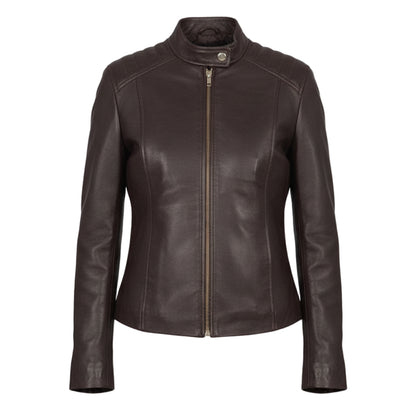سترة راكبي الدراجات النارية الجلدية باللون الكستنائي من Kelsee 