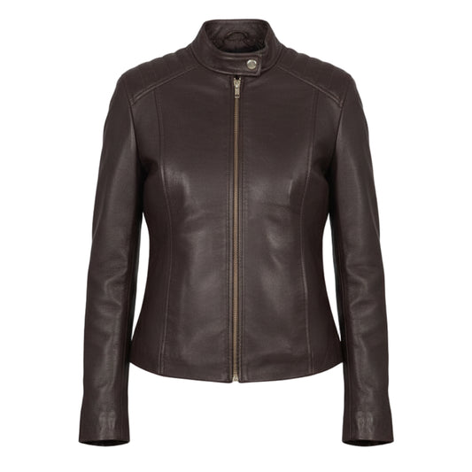 سترة راكبي الدراجات النارية الجلدية باللون الكستنائي من Kelsee 