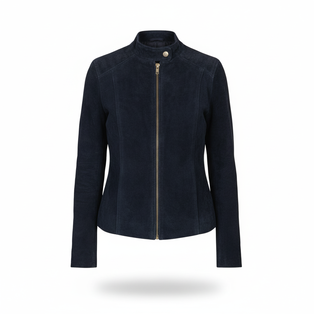 Navy blue jacket with a gold zipper on a white background