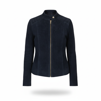 Navy blue jacket with a gold zipper on a white background