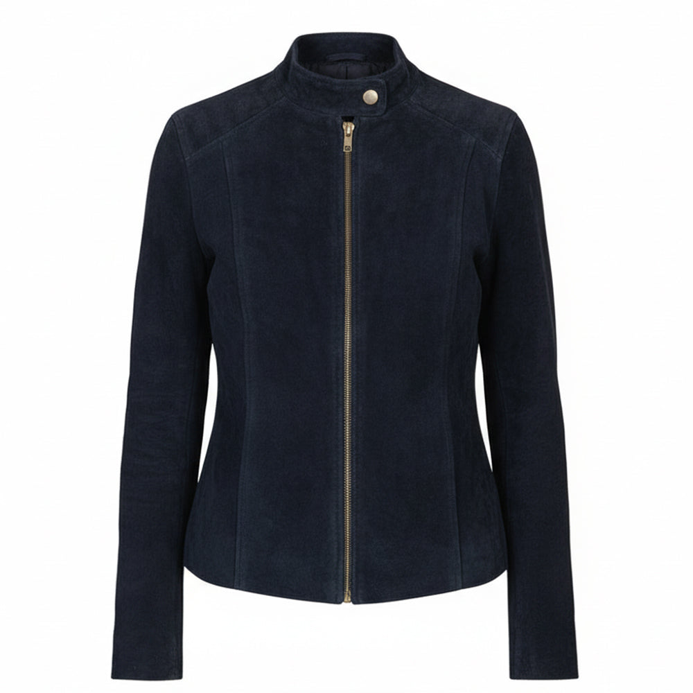 جاكيت راكبي الدراجات النارية من جلد الغزال باللون الأزرق الداكن من Kelsee 