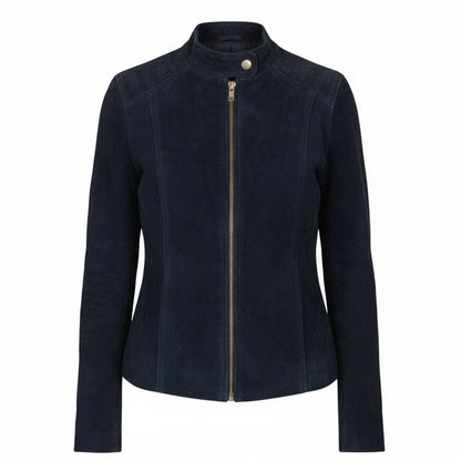 جاكيت راكبي الدراجات النارية من جلد الغزال باللون الأزرق الداكن من Kelsee 