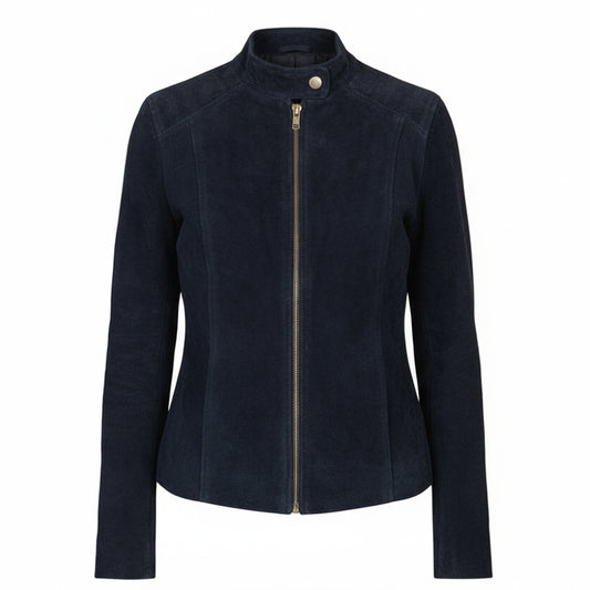 جاكيت راكبي الدراجات النارية من جلد الغزال باللون الأزرق الداكن من Kelsee 