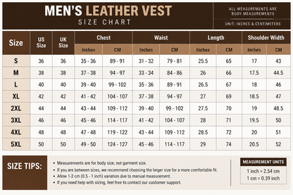 Size chart for men with US, UK, chest, waist, length and shoulder measurements