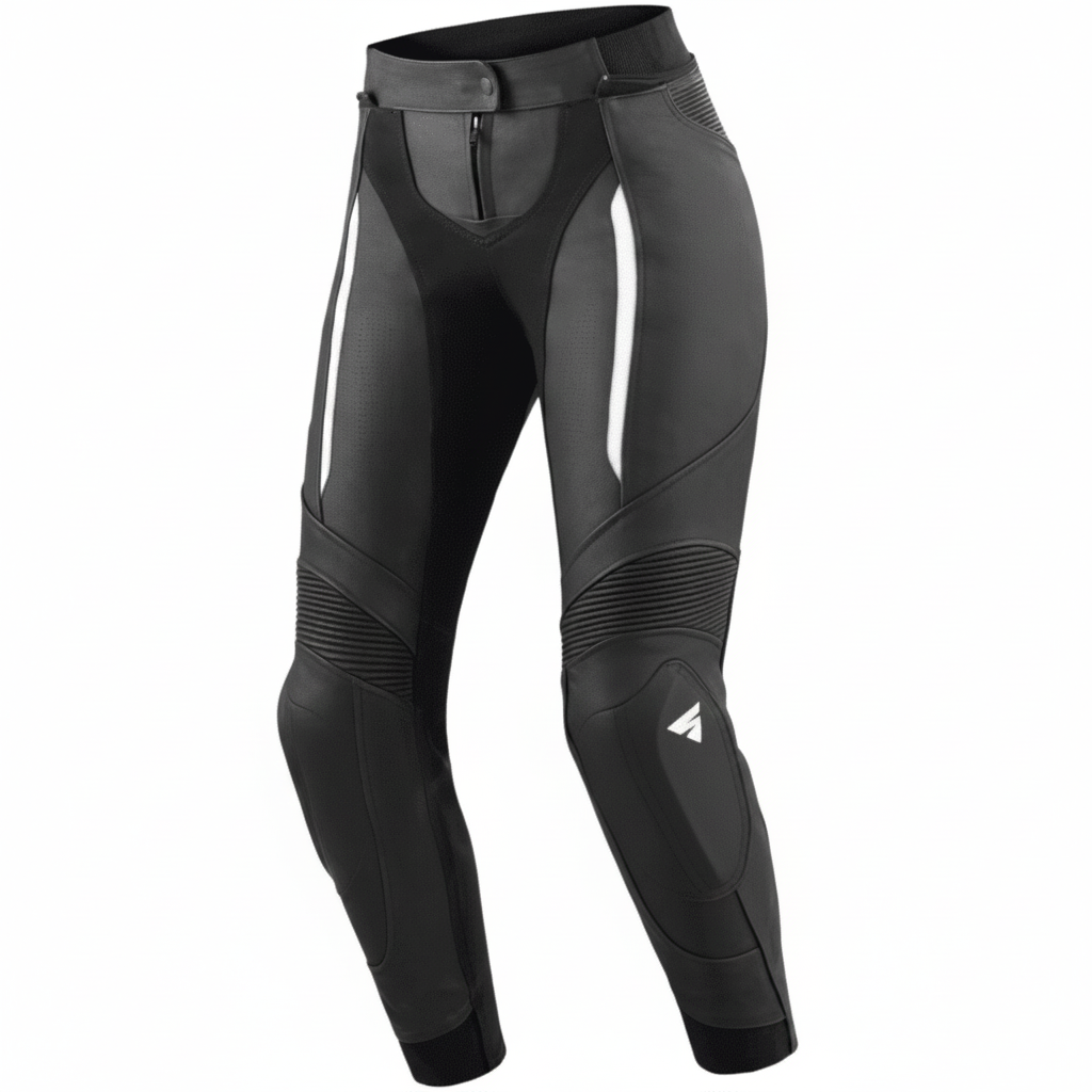 Black motorcycle pants on a white background
