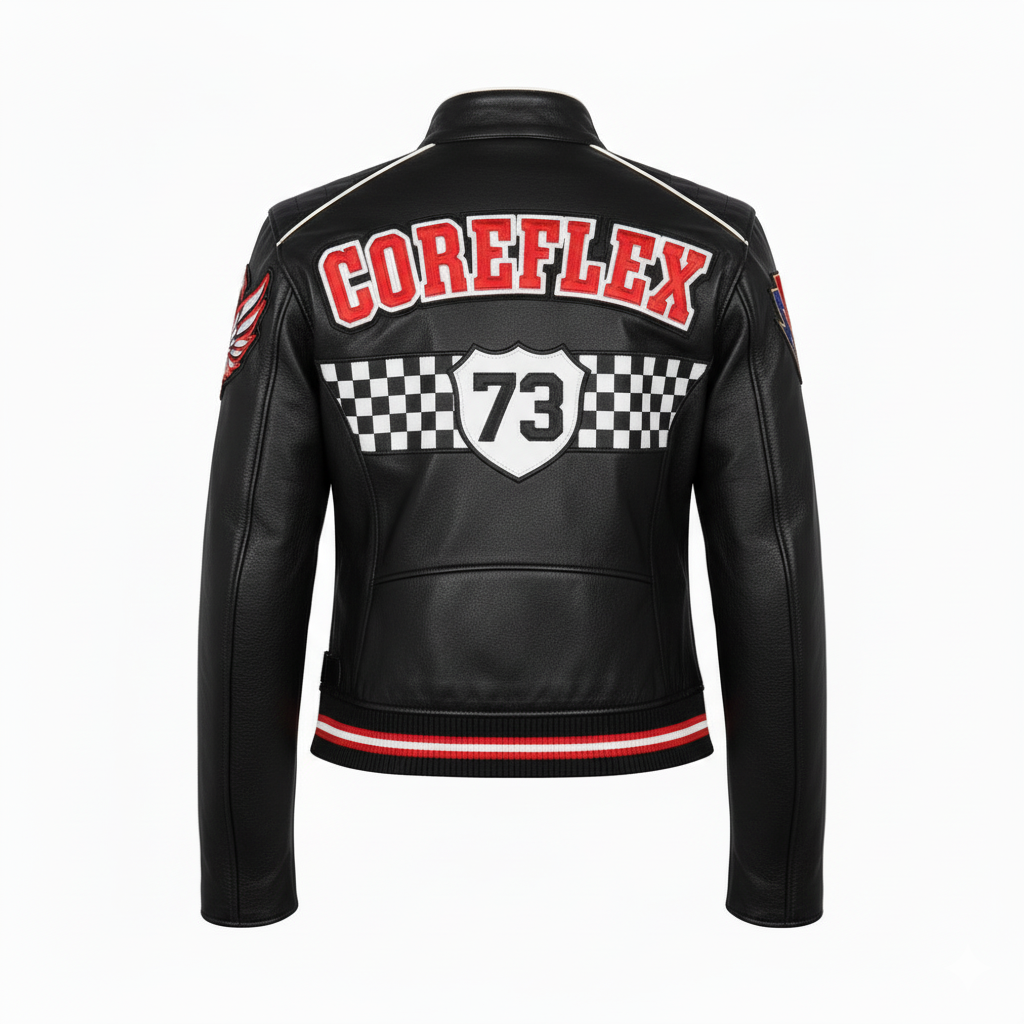 Black leather jacket with 'COREFLEX' and number '73' on the back, on a white background