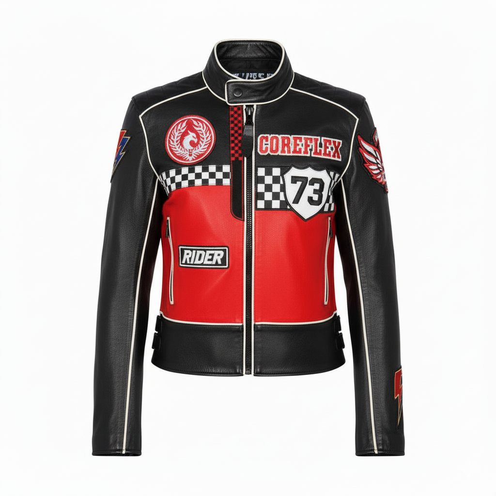 Black and red leather jacket with racing-themed designs on a white background