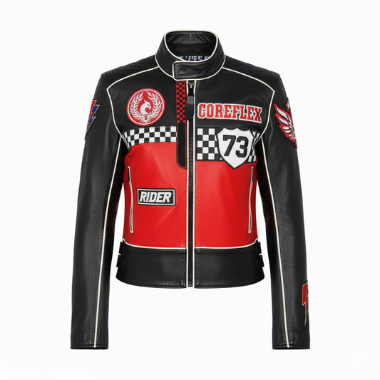 Black and red leather jacket with racing-themed designs on a white background