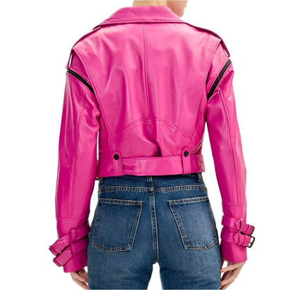 Lambskin Leather Cropped Moto Jacket - Pink - CoreFlexInd