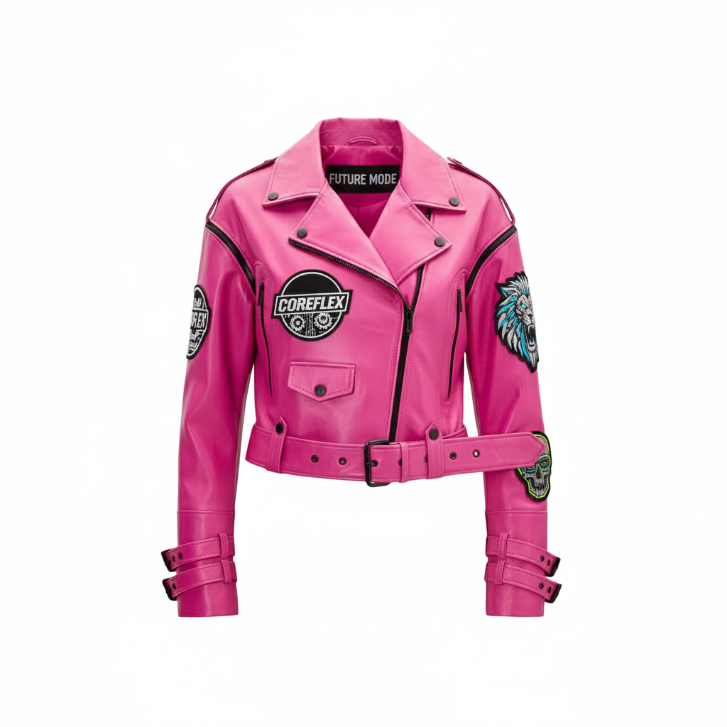 Pink leather jacket with patches on a white background