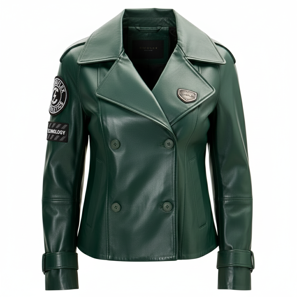 Green leather jacket with patches on a white background