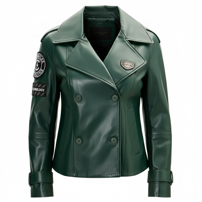Green leather jacket with patches on a white background